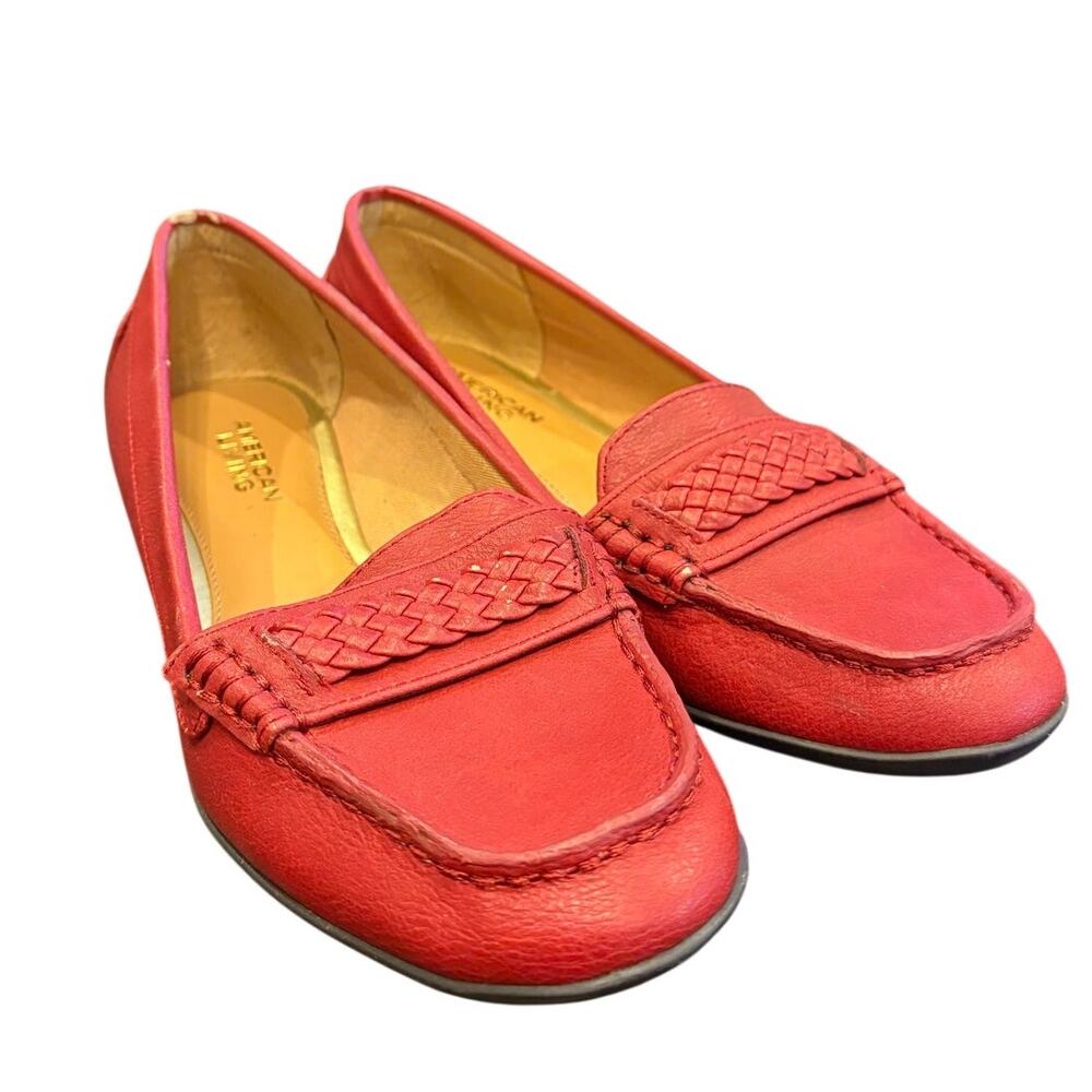 American Living Red Leather Loafers Womens 8B Braided Slip On Flats GUC